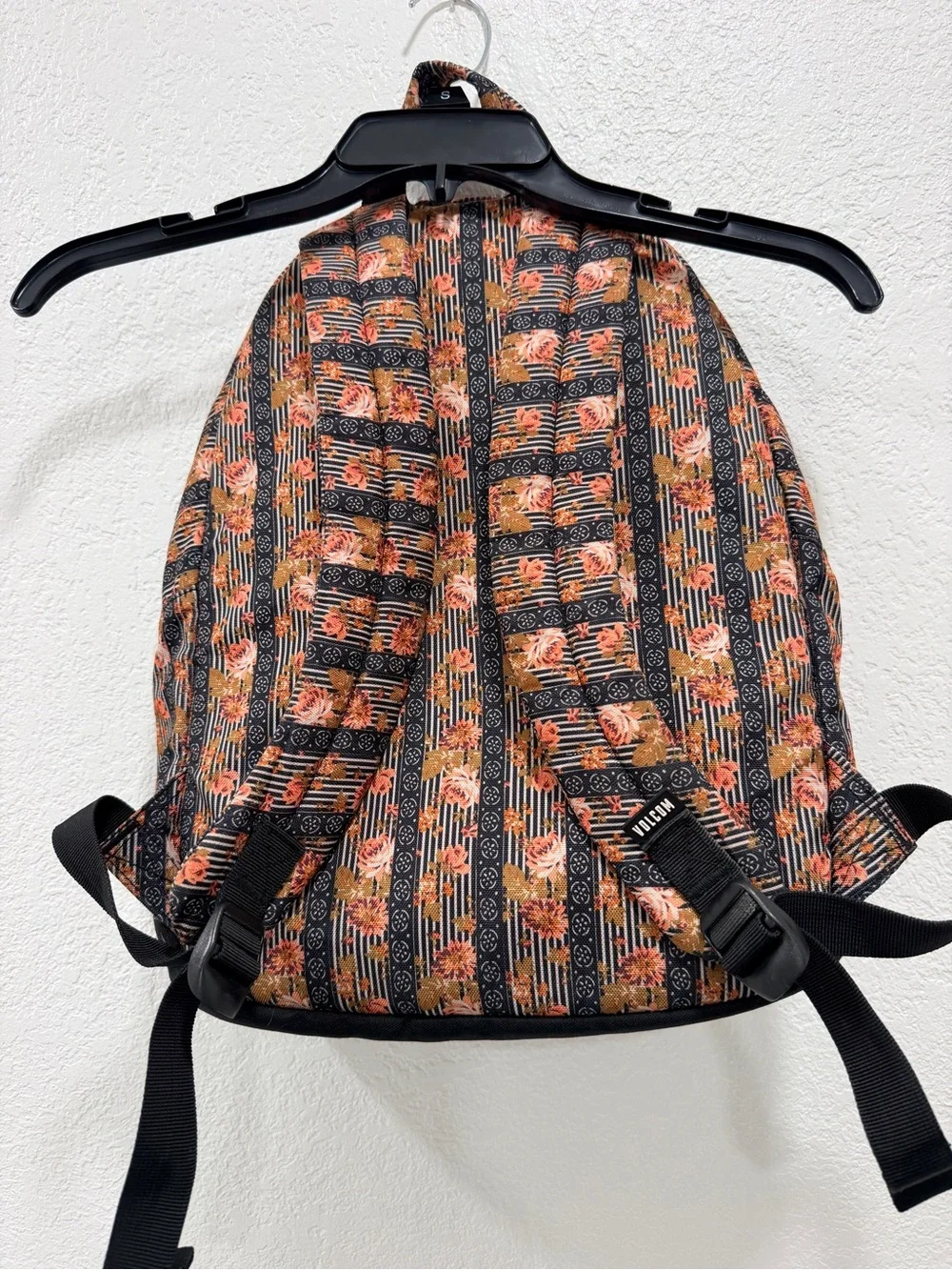 Volcom Black Floral Stripe Backpack with Orange Flowered Accents